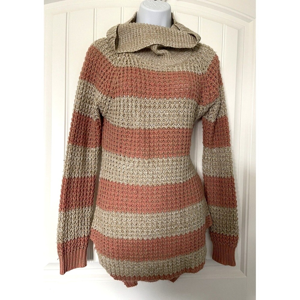 Rue21 Womens Small Pullover Long Knit Long Sleeve Turtleneck Sweater Tan/ Pink